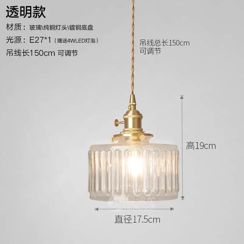 Clear glass pendant light with brass-finished metal fixture and e27 led bulb for bedroom lighting