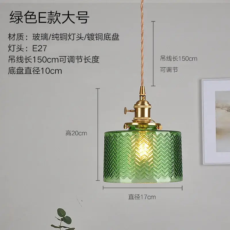 Ribbed green glass pendant light with textured chevron pattern brass hardware and adjustable 150cm cord for bedroom