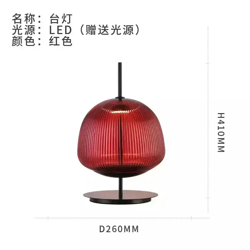 Red ribbed glass table lamp with black metal base and stem for bedroom lighting by decorbites green red glass collection