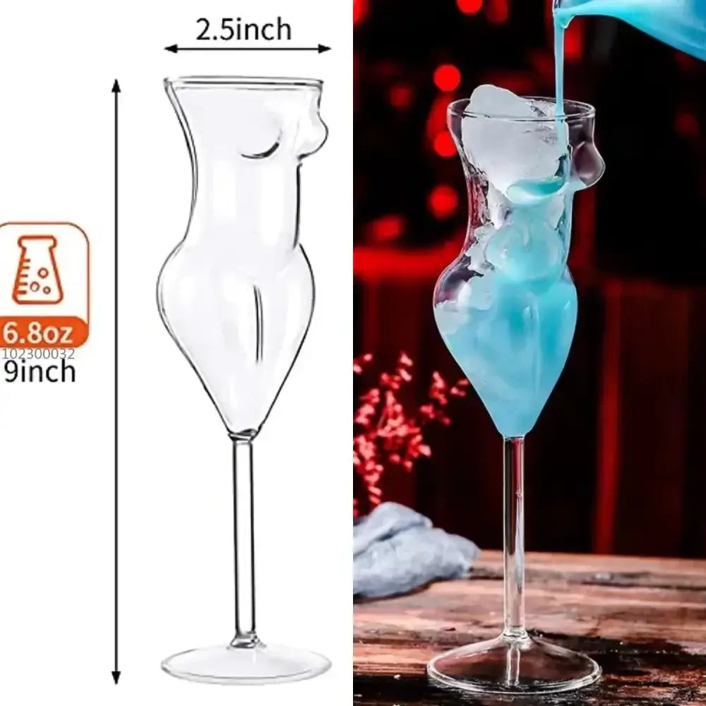 Clear glass mug shaped like a woman’s torso with long stem and round base from decorbites heart love glass mugs collection