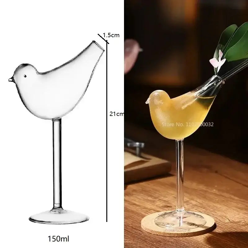 Clear glass bird-shaped cocktail glass with slender stem and round base holding 150ml from decorbites heart love glass mugs collection