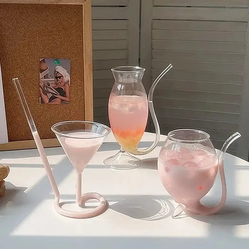 Pink ribbed heart love glass mugs with curved straws by decorbites heart love for kitchen and dining room use