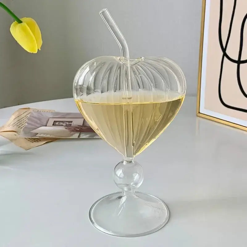 Heart-shaped ribbed clear glass mug with curved straw decorbites heart love ideal for kitchen dining room use