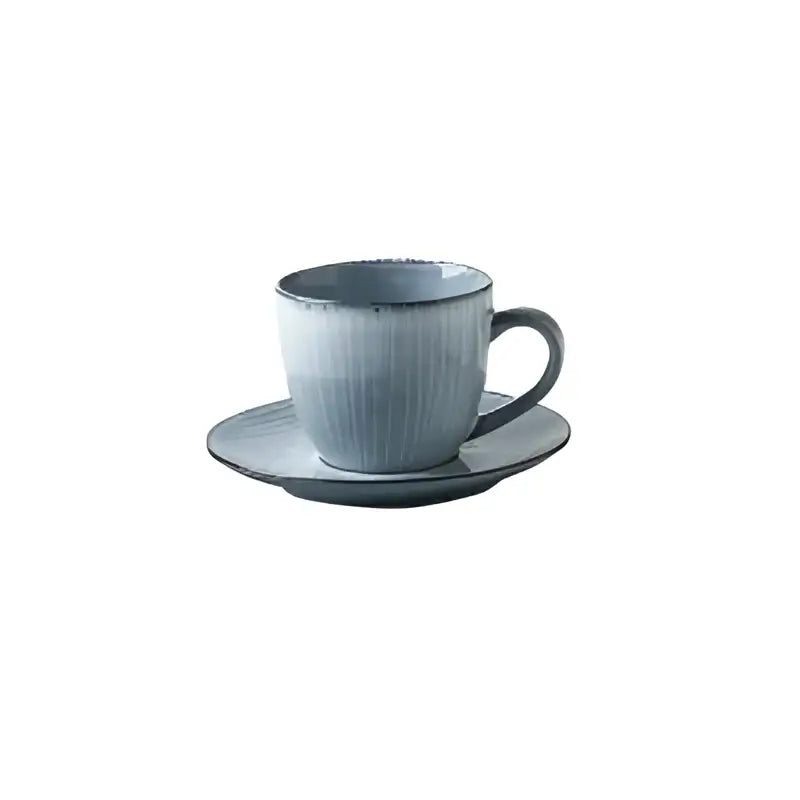 Matte gray ceramic coffee cup set with ribbed texture includes a coffee cup and matching saucer ideal for dining room use