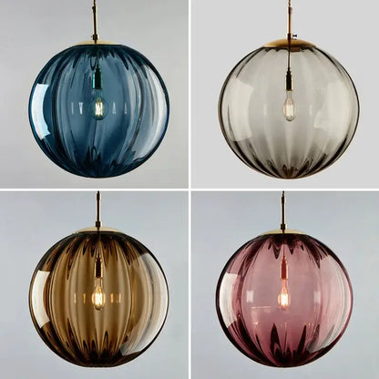 Set of four ribbed multi color glass globe pendant lights with iron finish for dining room use