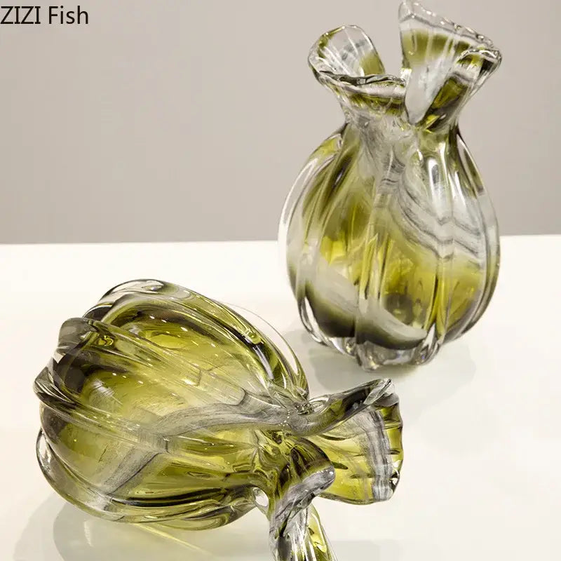 Translucent olive green ribbed glass vase set with fluted necks ideal for dining room plant hydroponics and décor