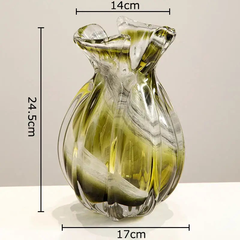 Translucent ribbed olive green glass vase with fluted body and irregular rim ideal for vase hydroponics plant use