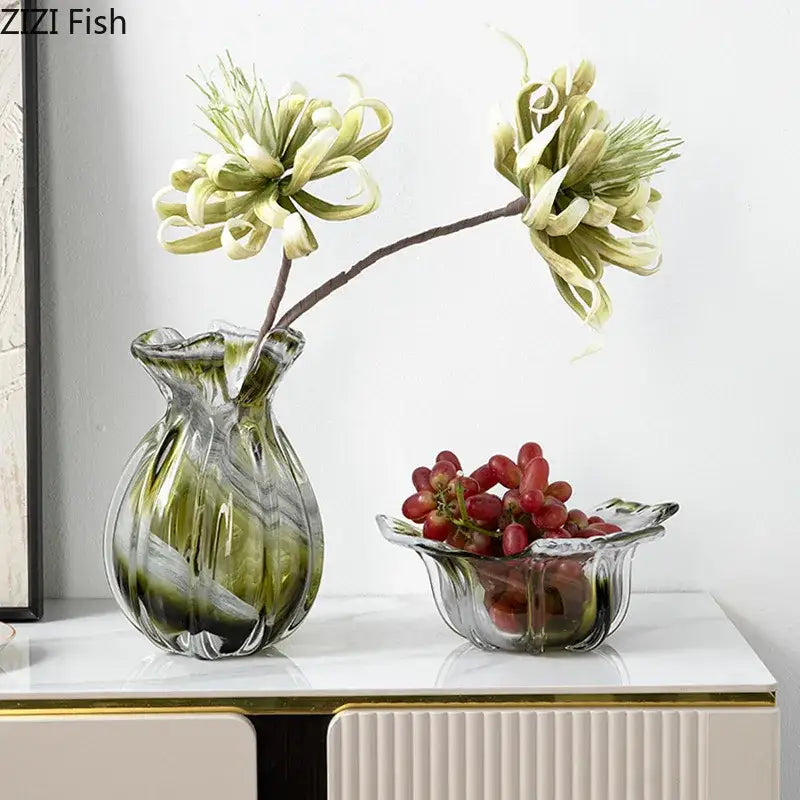 Ribbed olive green glass vase with fluted rim holding artificial light green flowers for vase hydroponics plant use