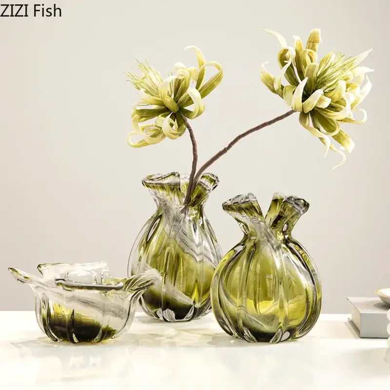 Set of three ribbed olive green glass vases with flared necks ideal for vase hydroponics plant or dining room decor