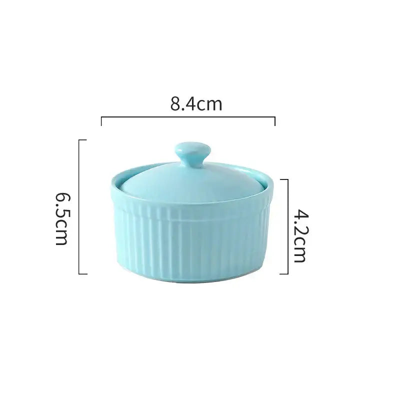Light blue decorbites ceramic dessert bowl with vertical ridges and matching lid for elegant dining room use