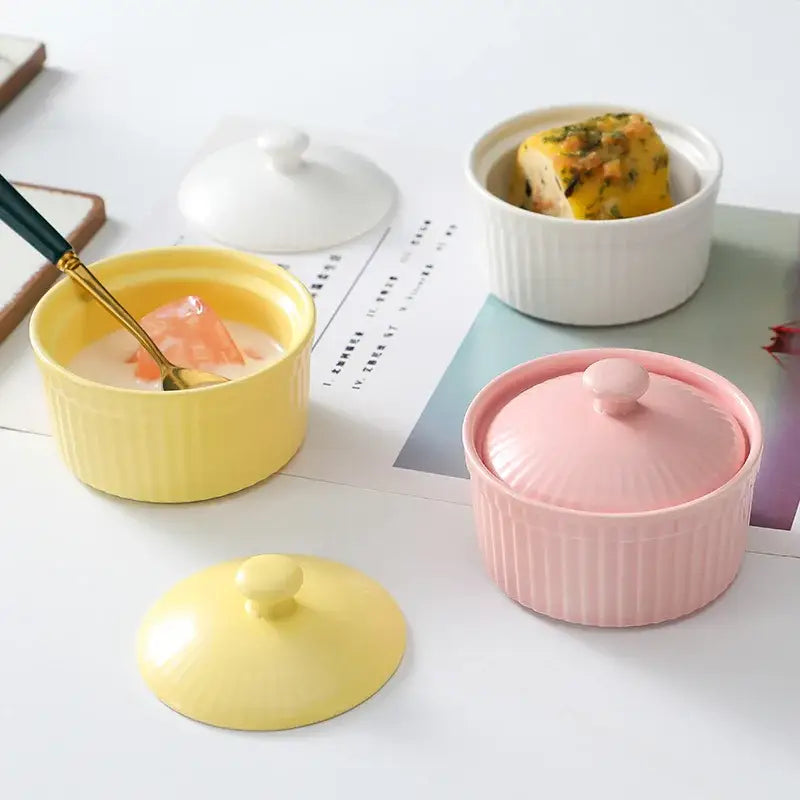 Pastel pink ribbed ceramic dessert bowl with lid by decorbites ideal for elegant dining room use