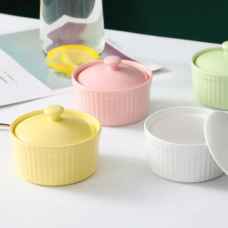 Pastel-colored ribbed pink ceramic dessert bowl with lid by decorbites ceramic dessert for elegant dining room use