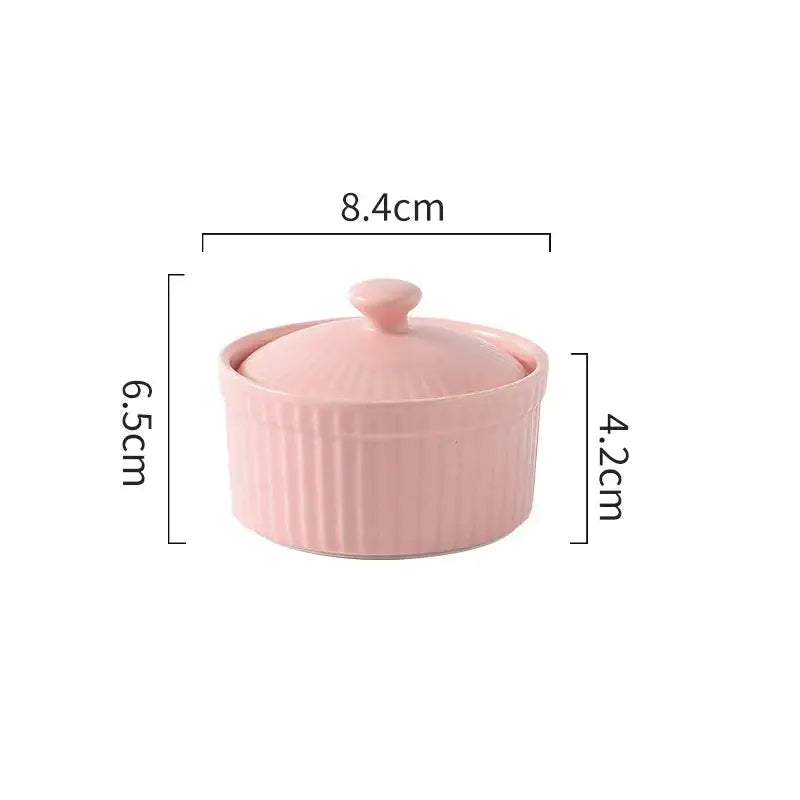 Pink decorbites ceramic dessert bowl with vertical ridges and matching lid for dining room ramekin use