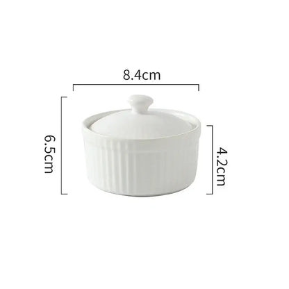 White decorbites ceramic dessert bowl with vertical ridges and matching lid for elegant dining room use