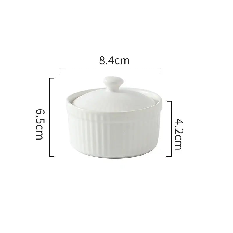 White decorbites ceramic dessert bowl with vertical ridges and matching lid for elegant dining room use