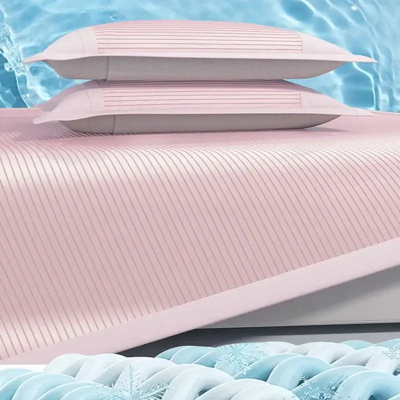Pink ribbed soft bed mat set with matching pillowcases featuring textured fabric and subtle vertical pleats