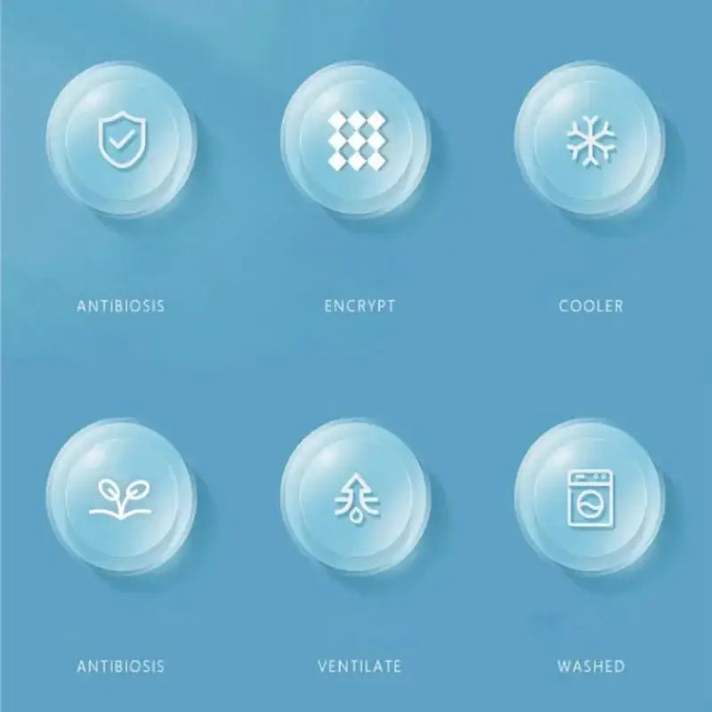 Six translucent bubble icons with white line art on light blue background for ribbed pink soft bed mat set textured pleats