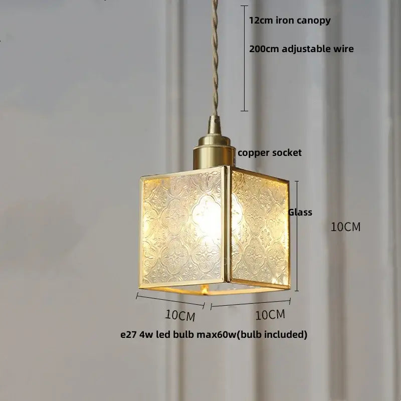 Gold-toned square pendant light with etched glass panels and copper socket for decorbites blue glass led lighting