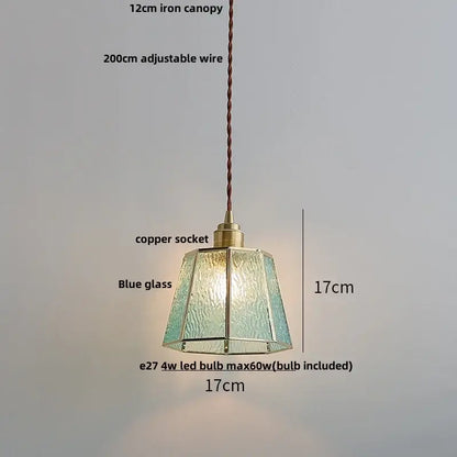 Vintage-style pendant light with faceted teal blue glass led shade brass copper socket and iron canopy for dining room decorbites blue glass