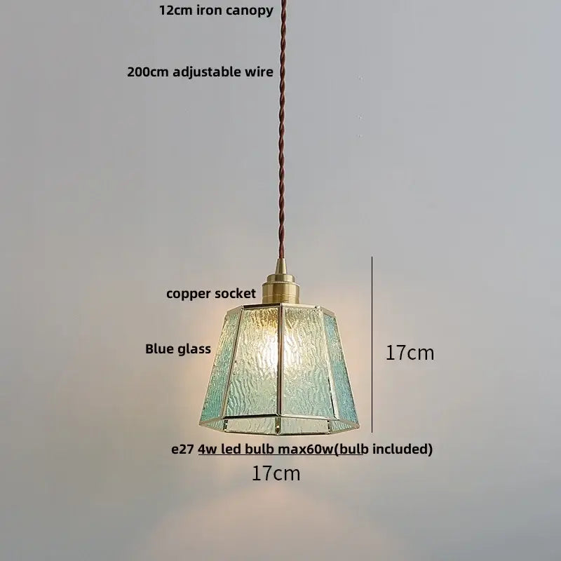Vintage-style pendant light with faceted teal blue glass led shade brass copper socket and iron canopy for dining room decorbites blue glass