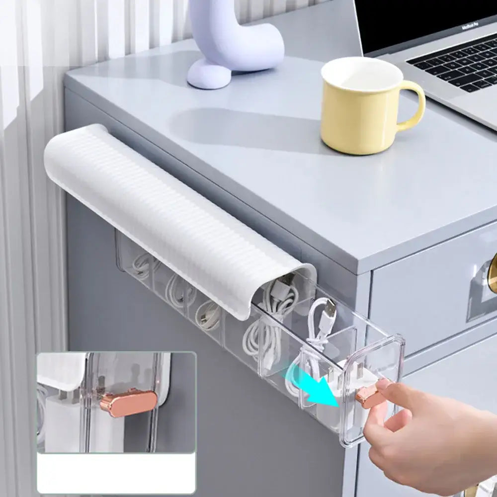 Clear plastic decorbites data cable organizer box with white textured cover and rose gold pull handles for wall storage