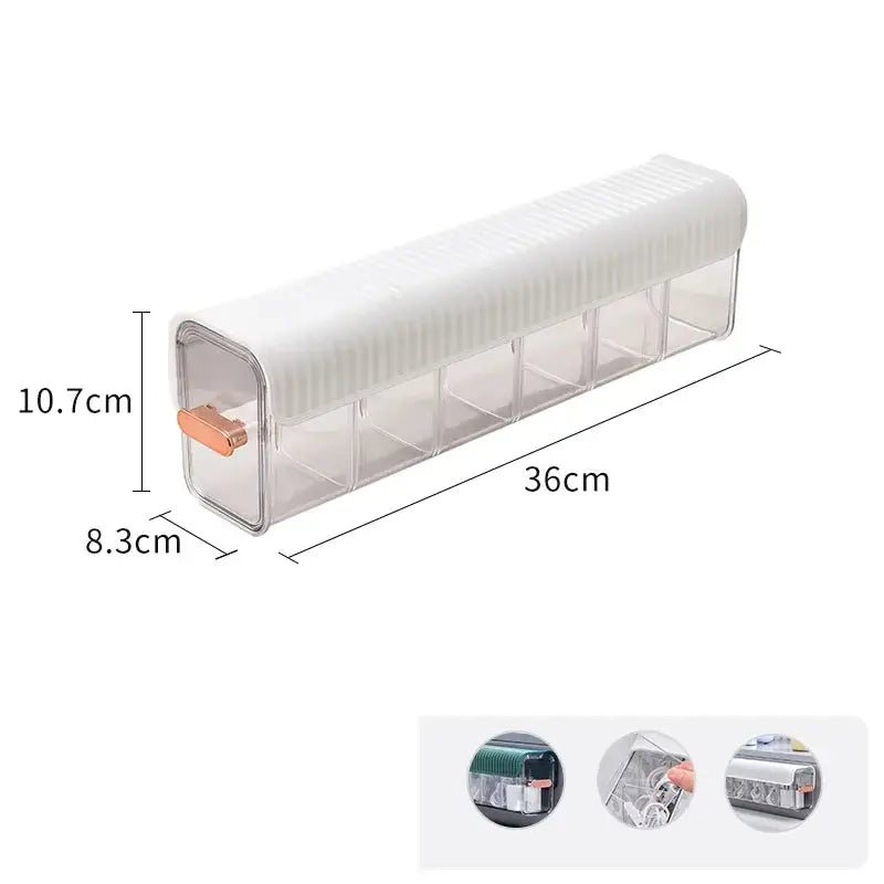 White plastic wall-mounted data cable organizer box with five transparent compartments and rose gold pull handle decorbites data cable