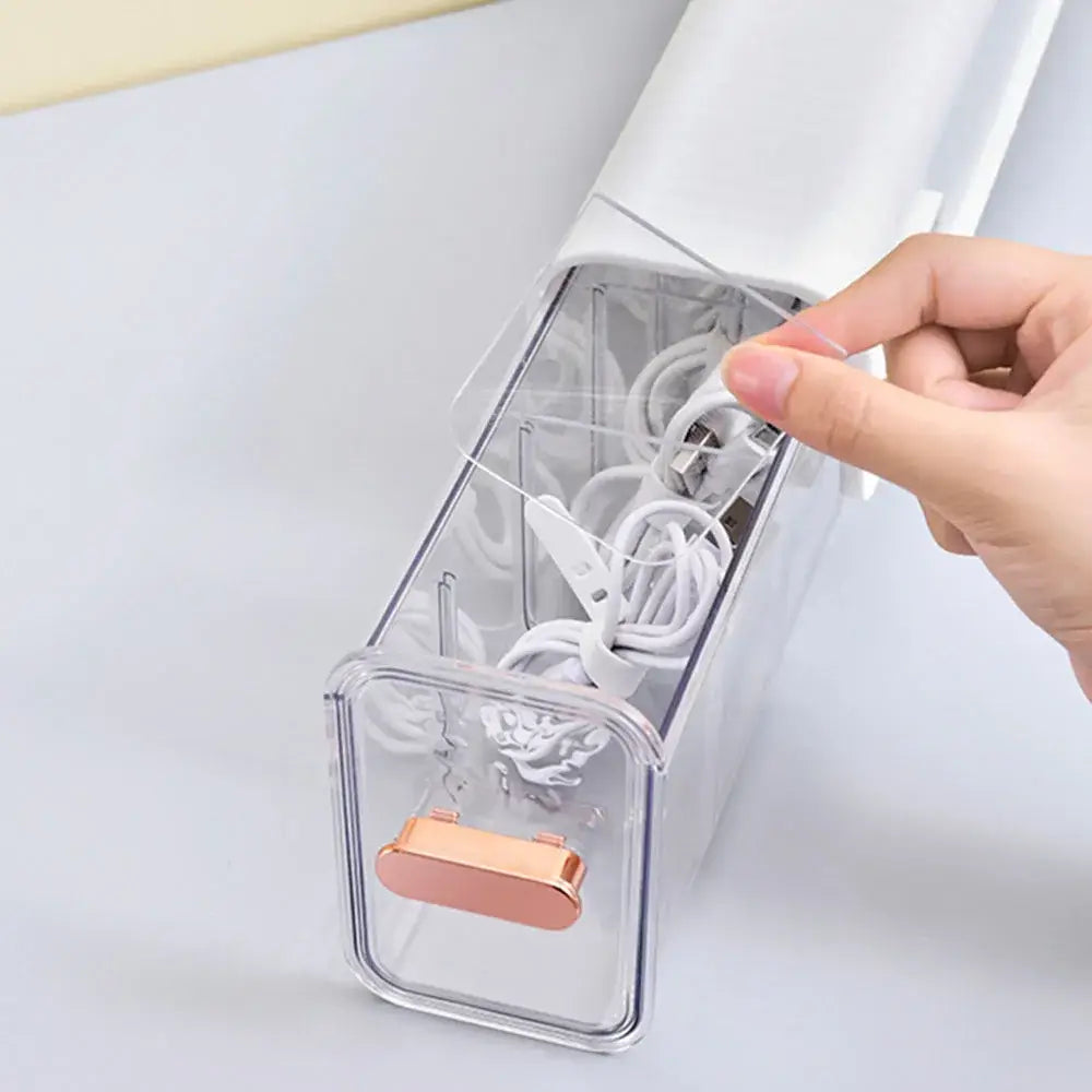 Clear plastic cable organizer box with rose gold handle and white cover holding white cables for decorbites data cable storage