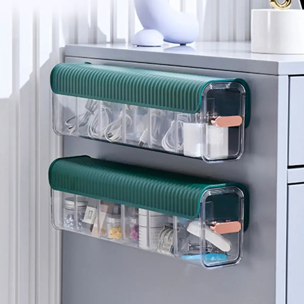 Teal ribbed plastic wall-mounted data cable organizer box with clear compartments for decorbites data cable storage