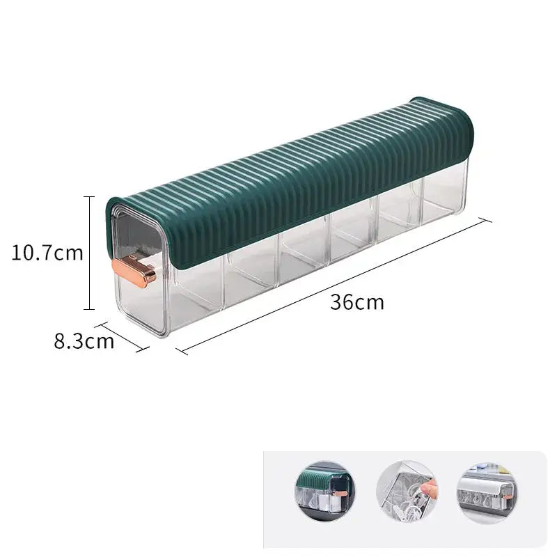 A sleek transparent plastic data cable organizer box with a dark green ribbed lid and rose gold pull-tab for decorbites