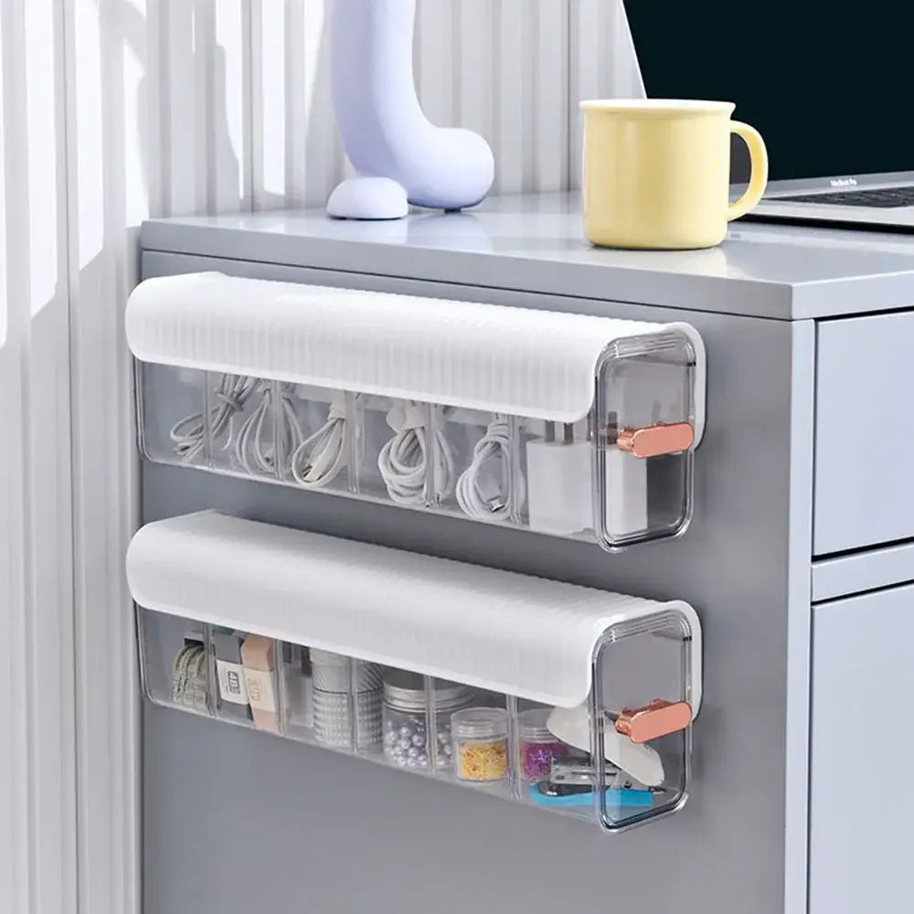 Clear plastic data cable organizer box with white textured tops and rose gold handles for decorbites data cable storage
