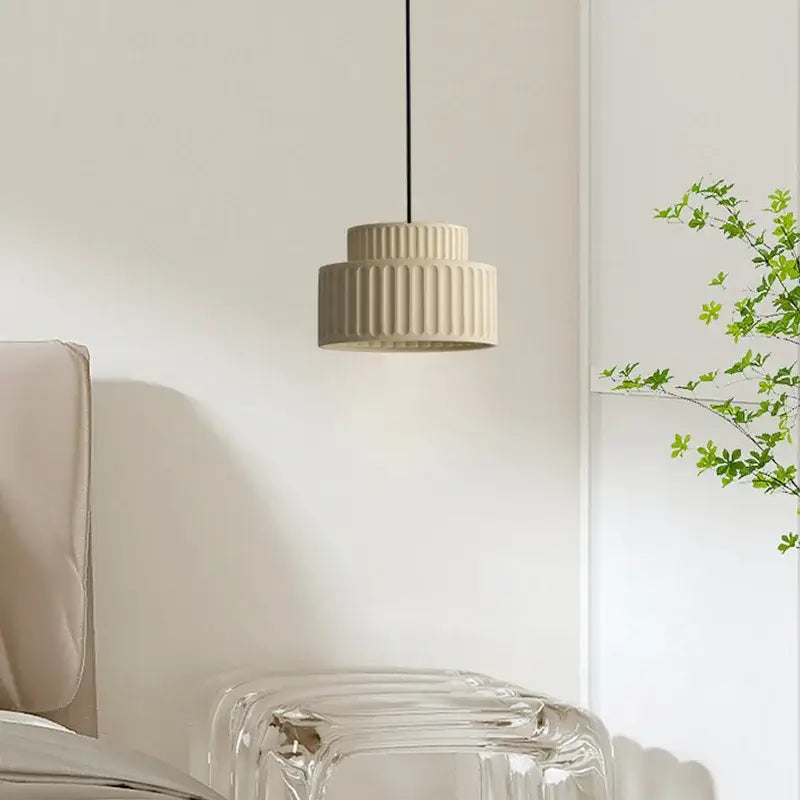 Cream-colored ribbed terracotta resin pendant light with modern design for dining room decorbites cream resin led