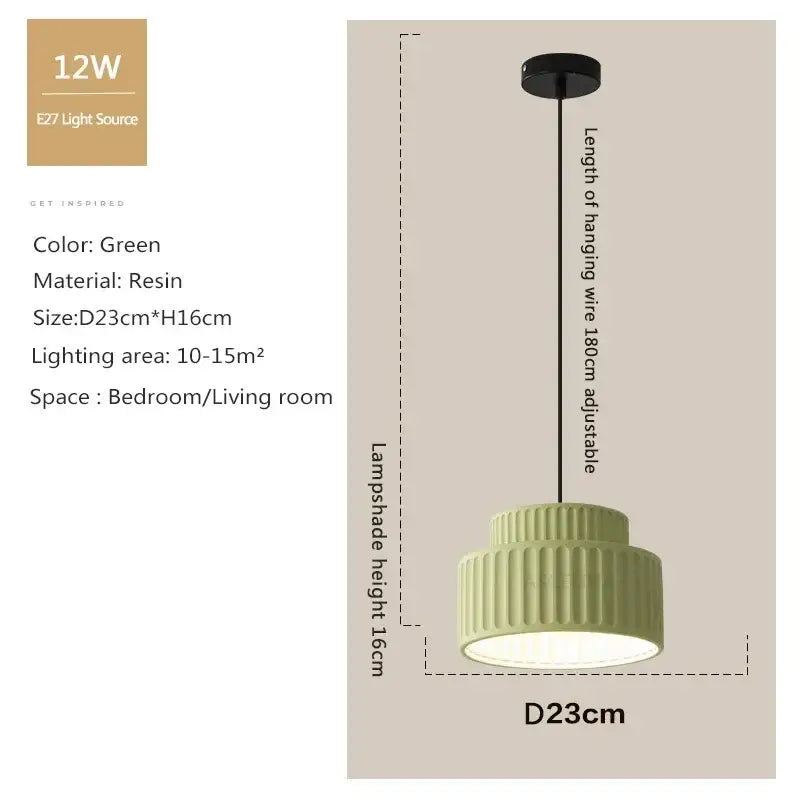 Modern green ribbed terracotta cream resin led pendant light with cylindrical shade and adjustable hanging wire for dining room decorbites cream resin