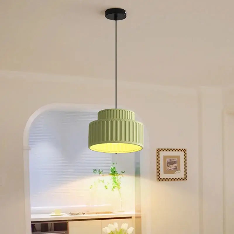 Modern pendant light with two-tiered ribbed green shade and black cord for decorbites cream resin led dining room decor