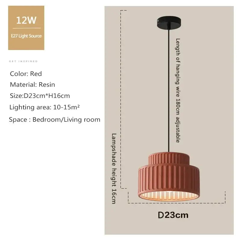 Red resin pendant light with tiered ribbed design and adjustable hanging wire for dining room decorbites cream resin led