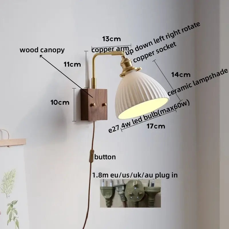 Vintage-style led wall lamp with ribbed off-white ceramic shade, copper arm, and wooden canopy for bedroom mirror lighting