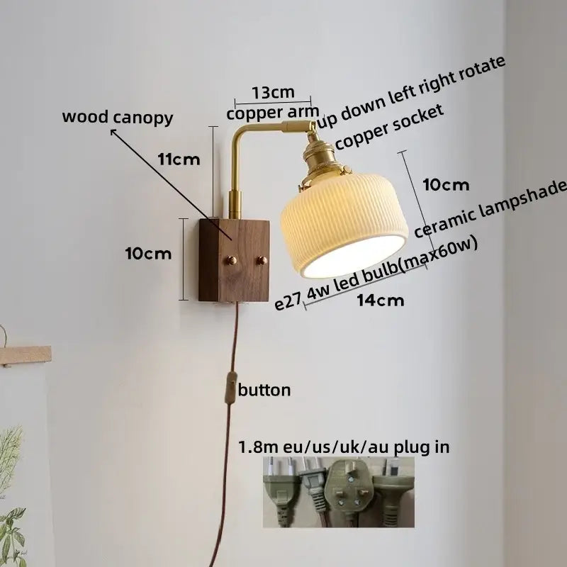 Brass-finished copper led wall lamp with ribbed white ceramic shade and wooden base for bedroom mirror lighting