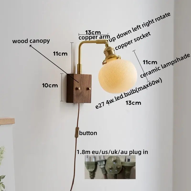 A rustic led wall lamp with dark wood canopy brass copper arm and off-white ribbed ceramic shade for bedroom mirror lighting