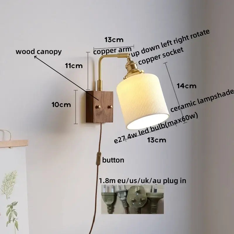 A warm-toned ribbed white ceramic and copper led wall lamp with wooden canopy for bedroom mirror lighting