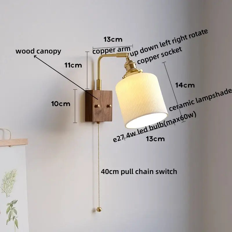 A warm-toned ribbed white ceramic and copper led wall lamp with wooden canopy for bedroom mirror lighting
