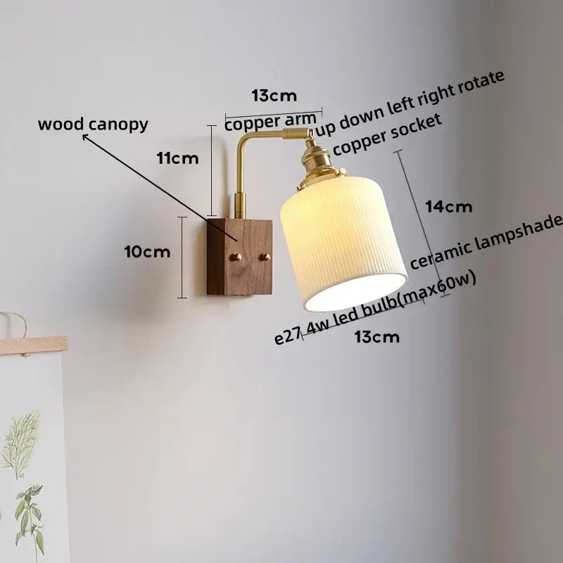 Copper-arm wall lamps with wooden canopy and ribbed white ceramic shade led wall lamps for bedroom mirror light