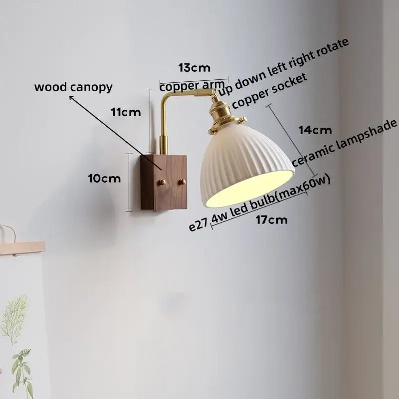 Cream-colored ribbed ceramic and copper led wall lamps with wood canopy designed for bedroom mirror lighting