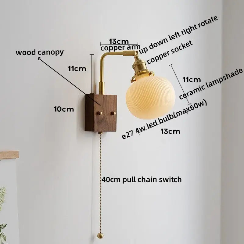 Vintage-style led wall lamp with dark wood canopy, brass copper arm, and ribbed off-white ceramic shade for bedroom mirror light