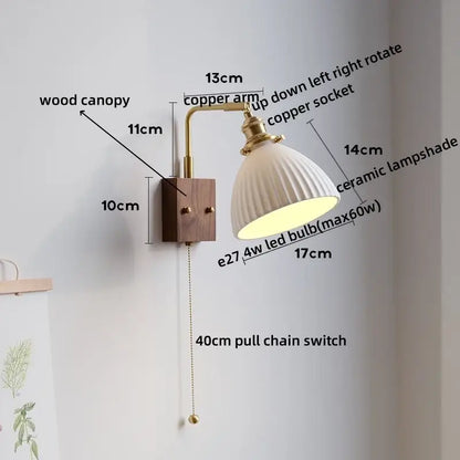 Rustic led wall lamp with wooden canopy, brass copper arm, and ribbed white ceramic shade with pull chain switch