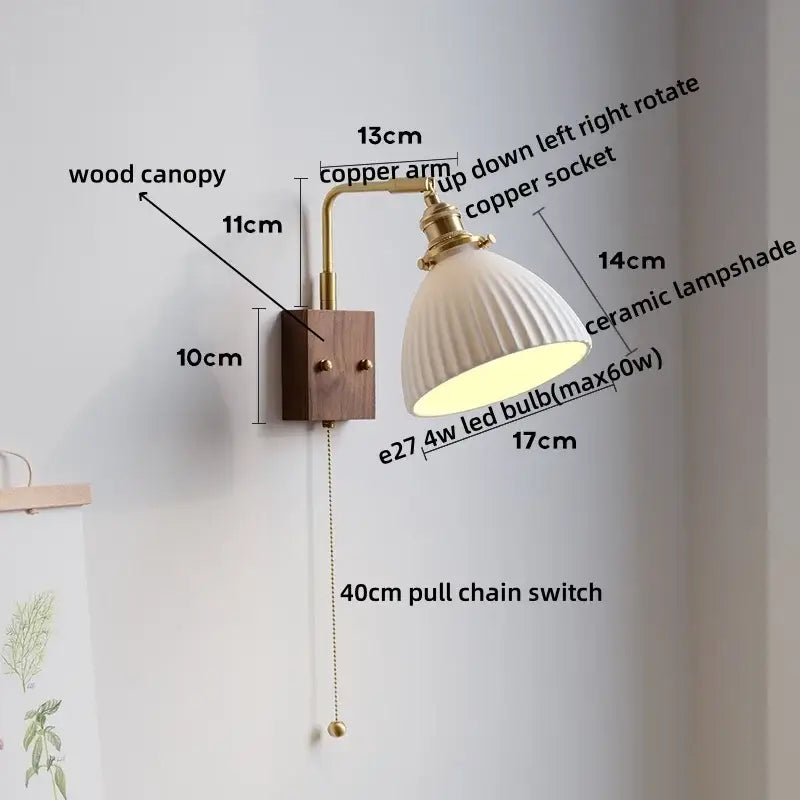 Rustic led wall lamp with wooden canopy, brass copper arm, and ribbed white ceramic shade with pull chain switch