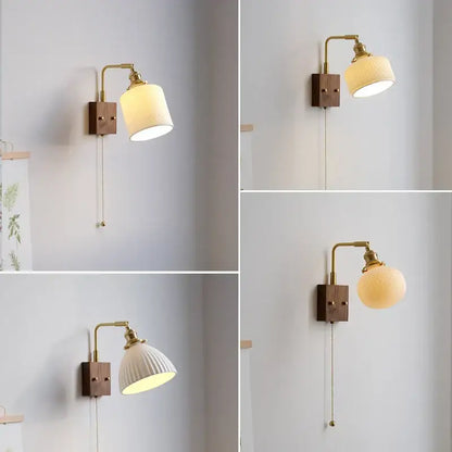 Vintage brass and dark wood wall lamp with ribbed white ceramic shade for bedroom mirror led wall lamps