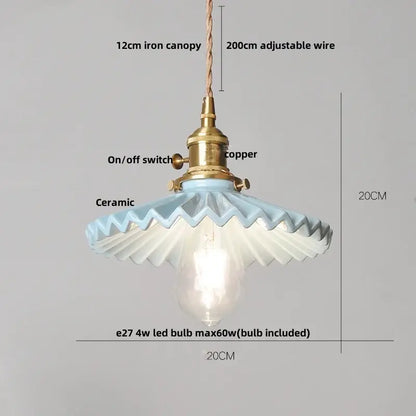 Delicate light blue ceramic pendant light fixture with brass copper switch and iron canopy for kitchen use