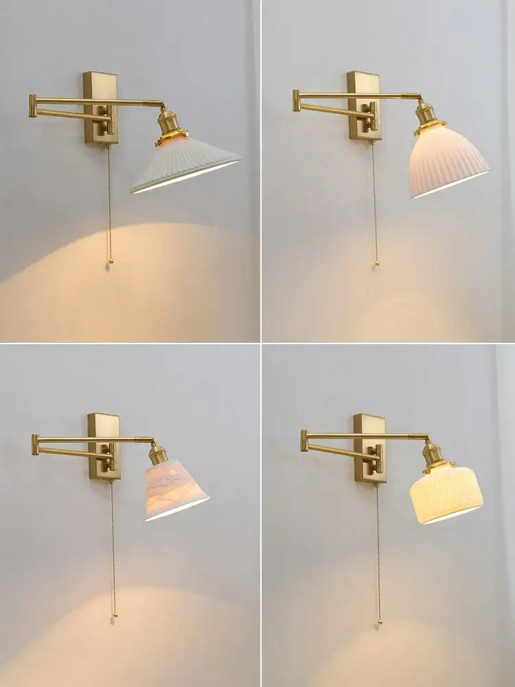 Gold-finished adjustable wall sconce with ribbed white blush pink or cream ceramic shade for decorbites brass swing arm lighting