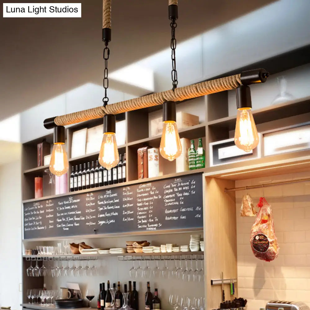 Rijl al Awwa - Open 4 Lights Rope Chandelier Factory Black Finish Open Bulb Restaurant Pendant Light  with/without Ring Deco