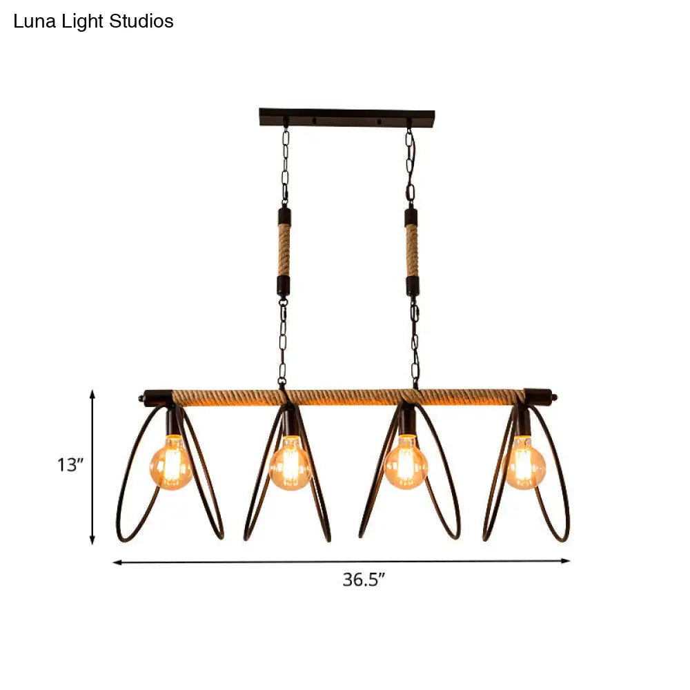 Rijl al Awwa - Open 4 Lights Rope Chandelier Factory Black Finish Open Bulb Restaurant Pendant Light  with/without Ring Deco