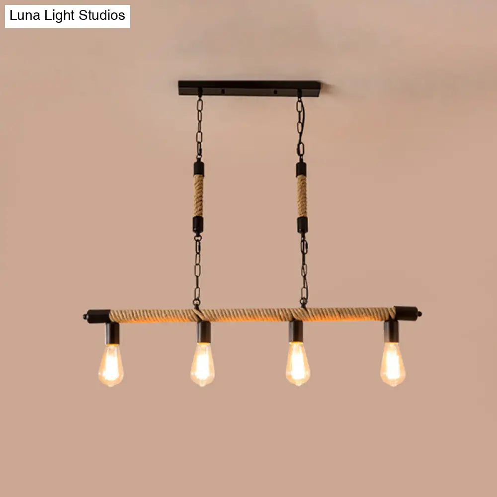 Rijl al Awwa - Open 4 Lights Rope Chandelier Factory Black Finish Open Bulb Restaurant Pendant Light  with/without Ring Deco